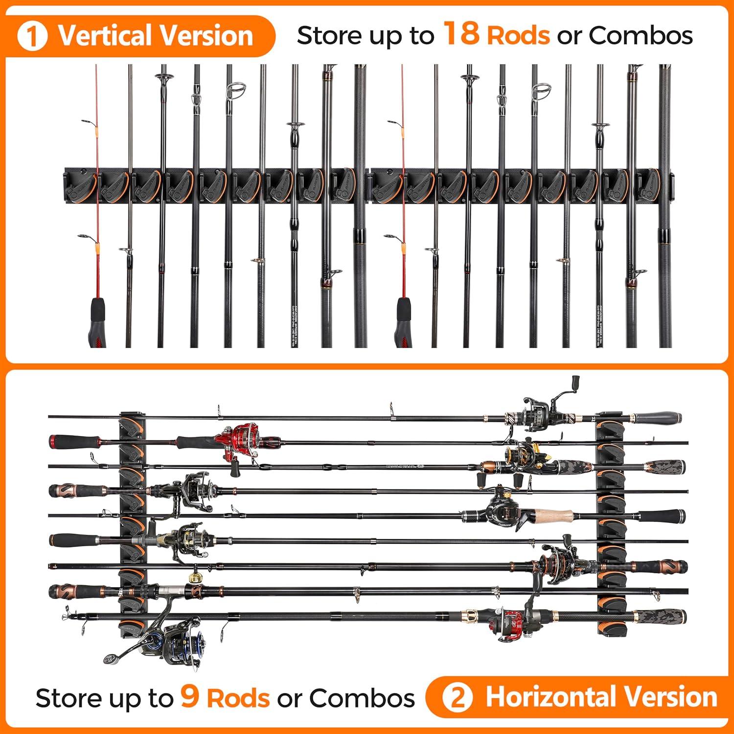 image:imagePLUSINNO Vertical Fishing Rod Holder Wall Mounted Fishing Rod Rack Fishing Pole Holder Holds Up to 9 Rods or Combos Fishing Rod Holders for Garage Fishing Gear and Gifts for MenOrange 2pack store 18 combos