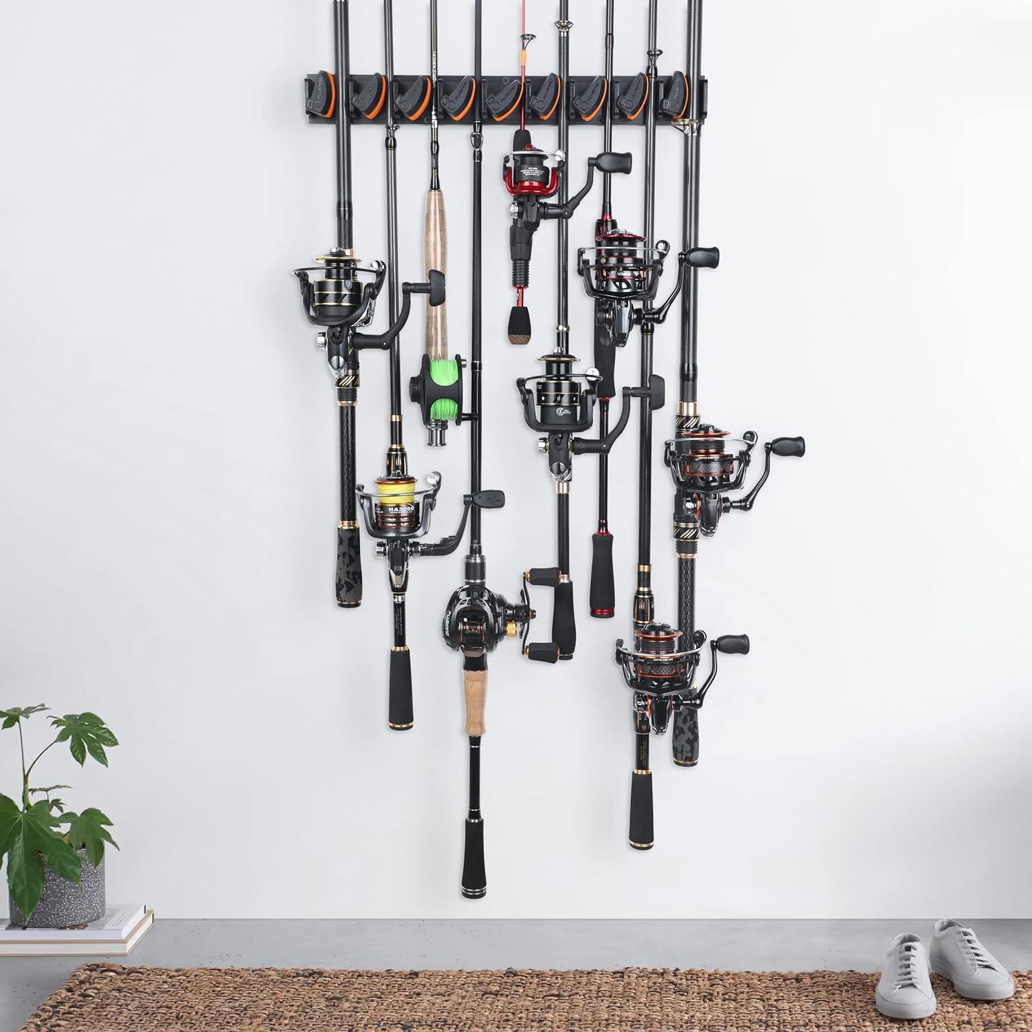 image:imagePLUSINNO Vertical Fishing Rod Holder Wall Mounted Fishing Rod Rack Fishing Pole Holder Holds Up to 9 Rods or Combos Fishing Rod Holders for Garage Fishing Gear and Gifts for MenOrange 4pack store 36 combos