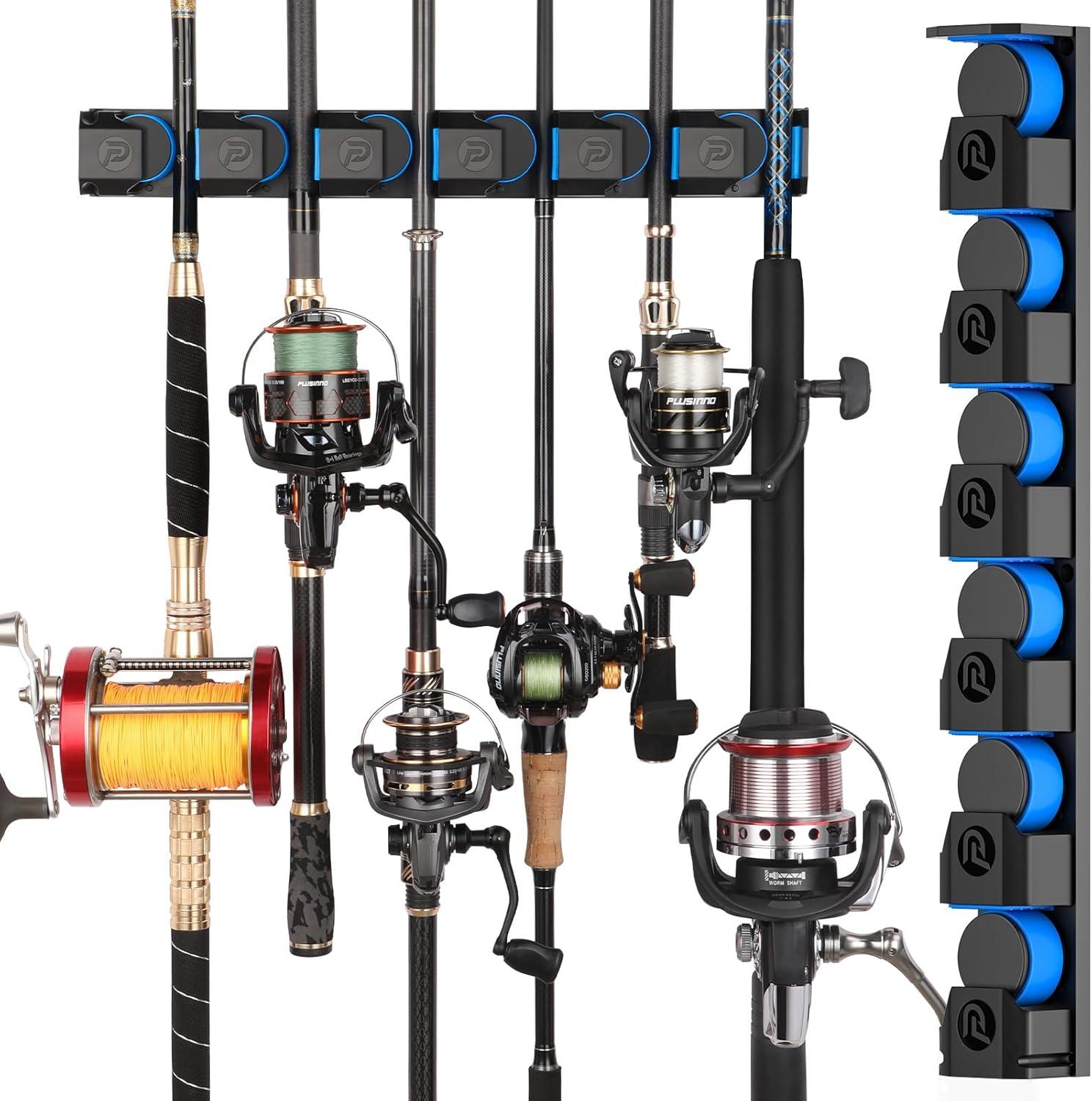 image:imagePLUSINNO Vertical Fishing Rod Holder Wall Mounted Fishing Rod Rack Fishing Pole Holder Holds Up to 9 Rods or Combos Fishing Rod Holders for Garage Fishing Gear and Gifts for MenUpgraded 1pack Support Heavy rod combos