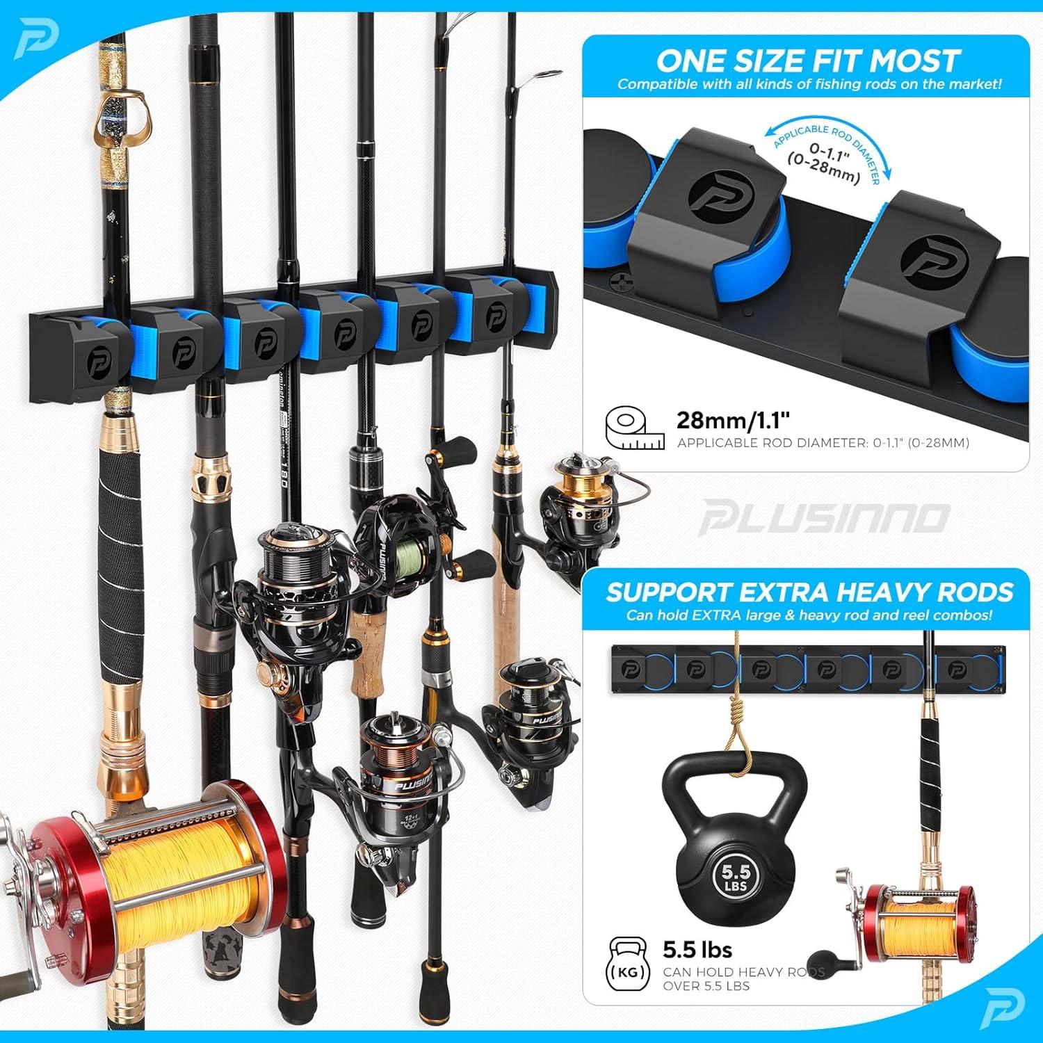 image:imagePLUSINNO Vertical Fishing Rod Holder Wall Mounted Fishing Rod Rack Fishing Pole Holder Holds Up to 9 Rods or Combos Fishing Rod Holders for Garage Fishing Gear and Gifts for MenUpgraded 1pack Support Heavy rod combos