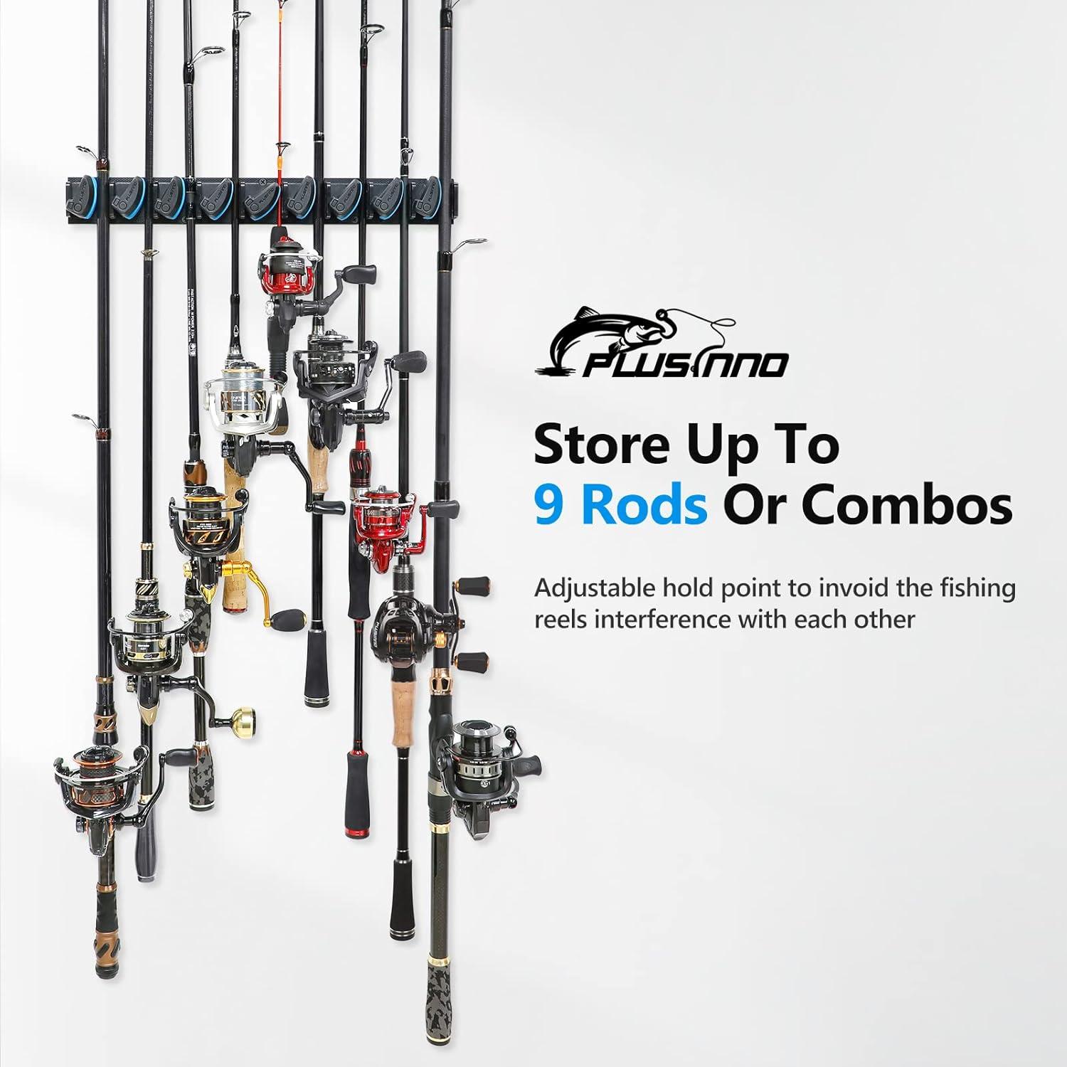 image:imagePLUSINNO Vertical Fishing Rod Holder Wall Mounted Fishing Rod Rack Fishing Pole Holder Holds Up to 9 Rods or Combos Fishing Rod Holders for Garage Fishing Gear and Gifts for MenBlue 2pack store 18 combos
