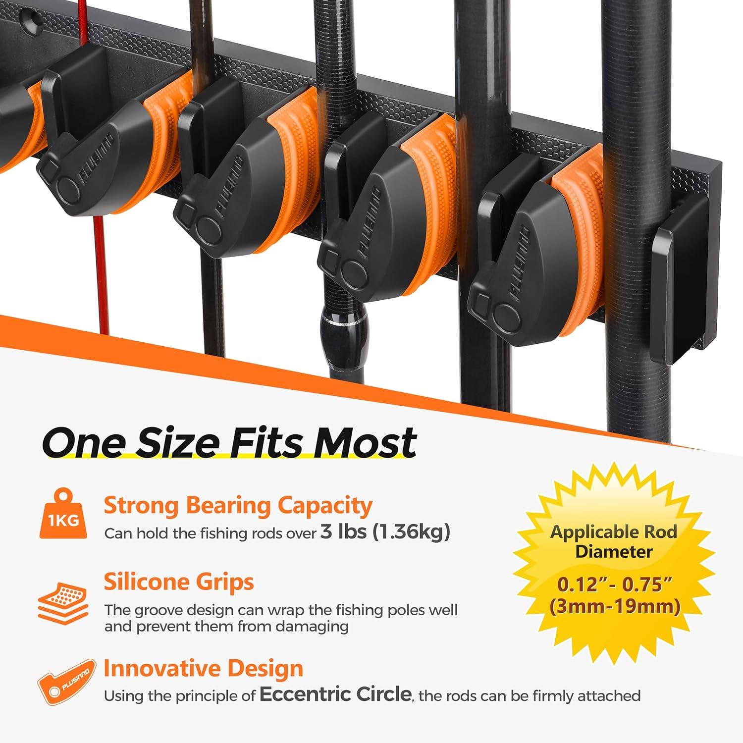 image:imagePLUSINNO Vertical Fishing Rod Holder Wall Mounted Fishing Rod Rack Fishing Pole Holder Holds Up to 9 Rods or Combos Fishing Rod Holders for Garage Fishing Gear and Gifts for MenOrange 4pack store 36 combos