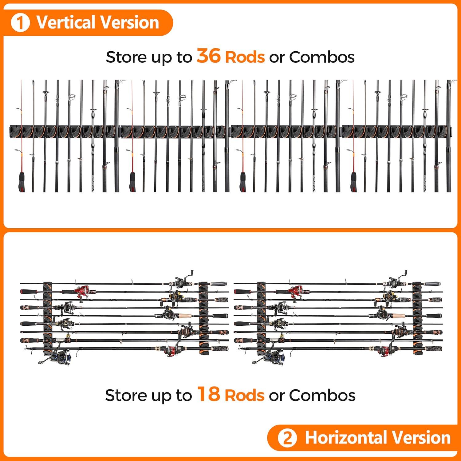 image:imagePLUSINNO Vertical Fishing Rod Holder Wall Mounted Fishing Rod Rack Fishing Pole Holder Holds Up to 9 Rods or Combos Fishing Rod Holders for Garage Fishing Gear and Gifts for MenOrange 4pack store 36 combos