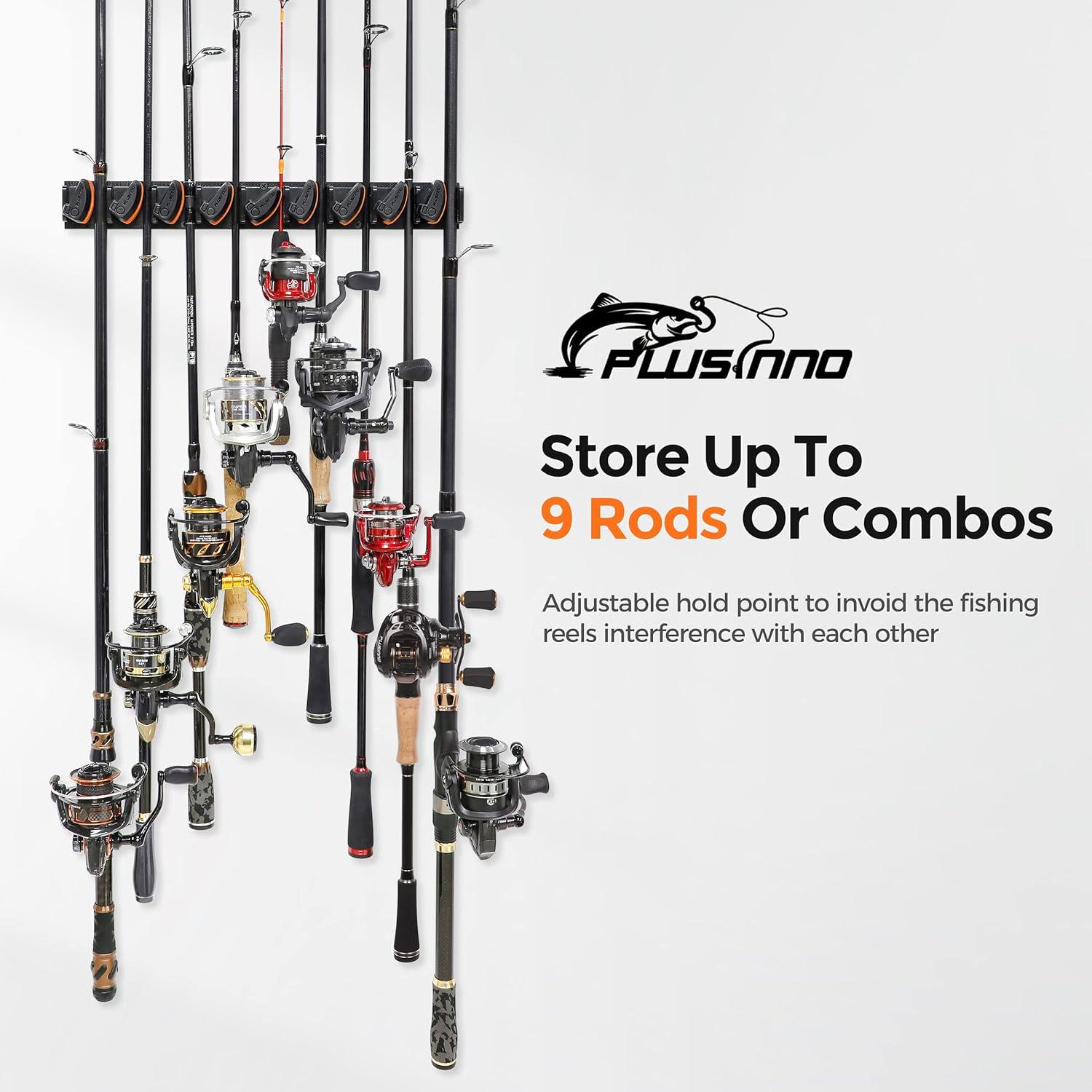 image:imagePLUSINNO Vertical Fishing Rod Holder Wall Mounted Fishing Rod Rack Fishing Pole Holder Holds Up to 9 Rods or Combos Fishing Rod Holders for Garage Fishing Gear and Gifts for MenOrange 1pack store 9 combos