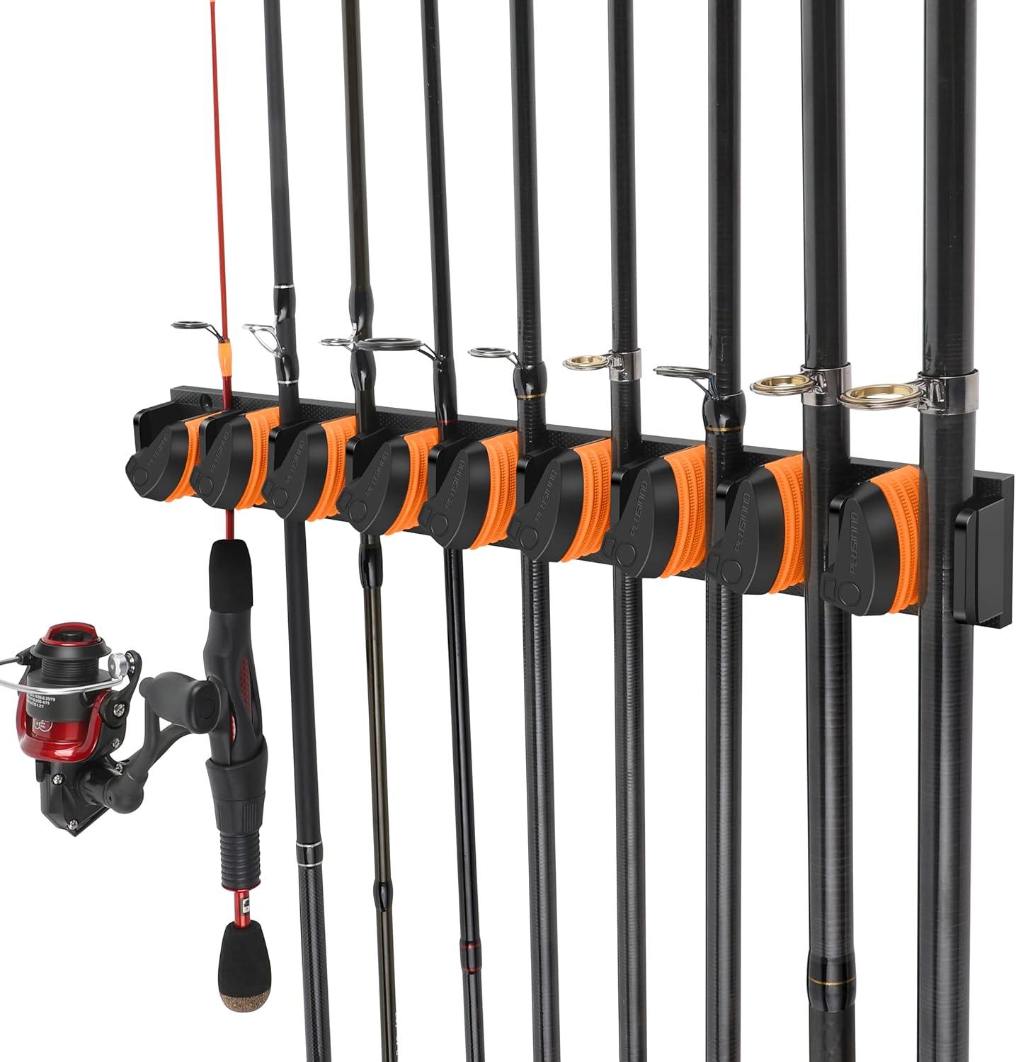 image:imagePLUSINNO Vertical Fishing Rod Holder Wall Mounted Fishing Rod Rack Fishing Pole Holder Holds Up to 9 Rods or Combos Fishing Rod Holders for Garage Fishing Gear and Gifts for MenOrange 1pack store 9 combos