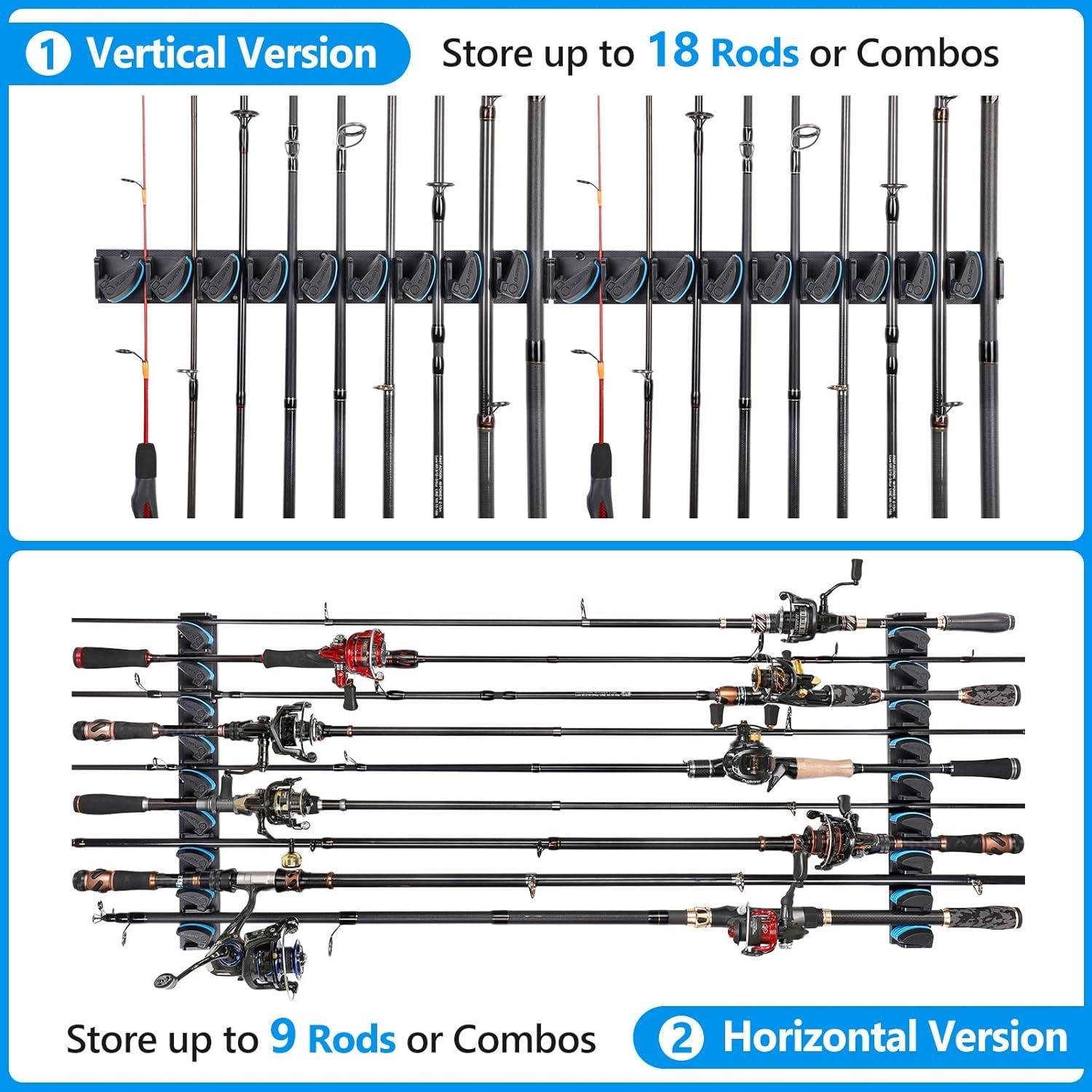 image:imagePLUSINNO Vertical Fishing Rod Holder Wall Mounted Fishing Rod Rack Fishing Pole Holder Holds Up to 9 Rods or Combos Fishing Rod Holders for Garage Fishing Gear and Gifts for MenBlue 2pack store 18 combos