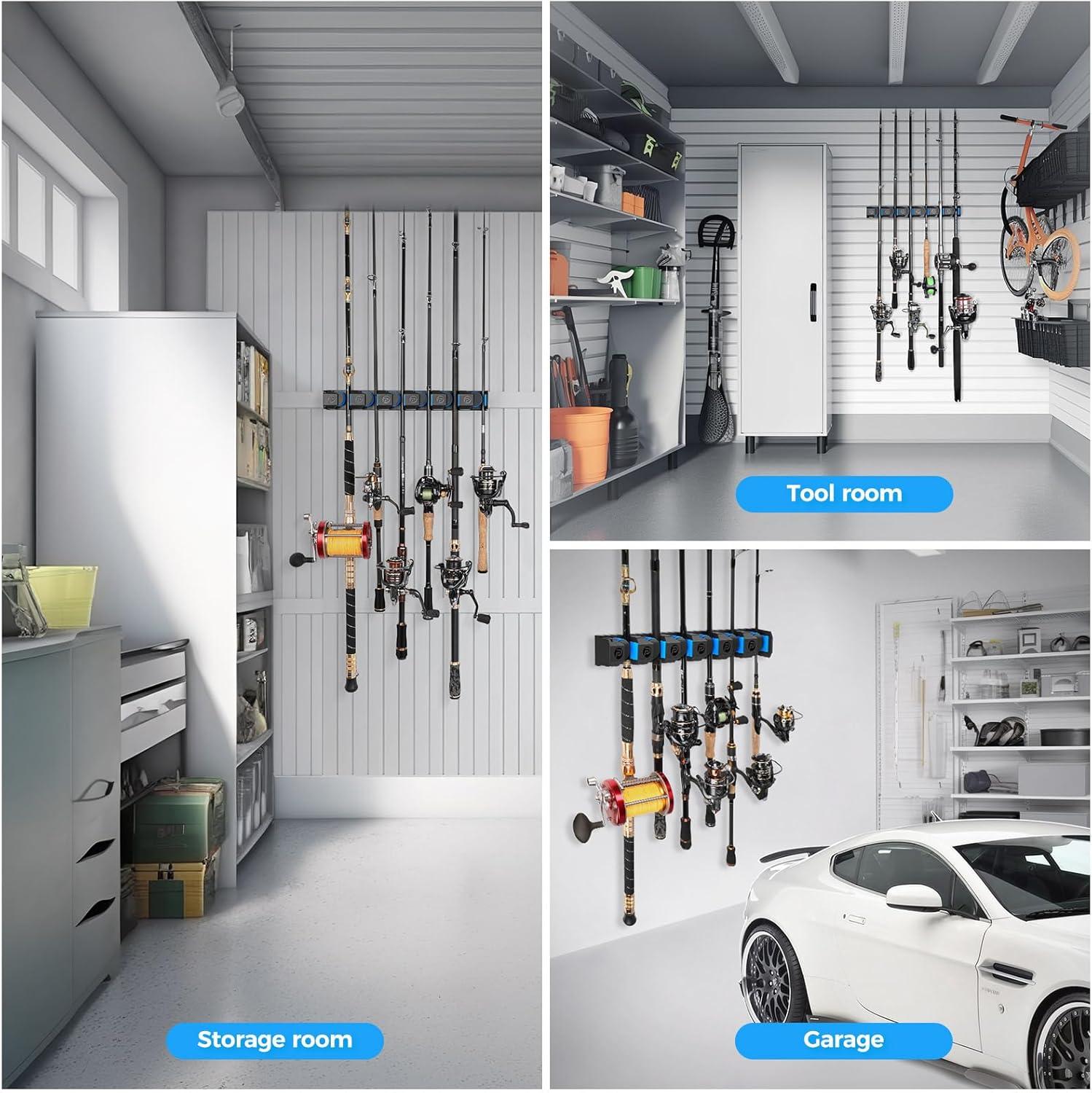image:imagePLUSINNO Vertical Fishing Rod Holder Wall Mounted Fishing Rod Rack Fishing Pole Holder Holds Up to 9 Rods or Combos Fishing Rod Holders for Garage Fishing Gear and Gifts for MenUpgraded 4pack Support Heavy rod combos