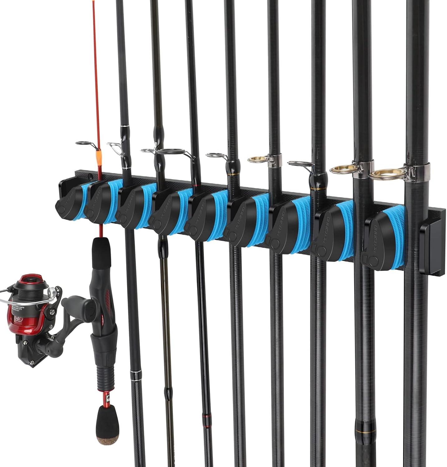 image:imagePLUSINNO Vertical Fishing Rod Holder Wall Mounted Fishing Rod Rack Fishing Pole Holder Holds Up to 9 Rods or Combos Fishing Rod Holders for Garage Fishing Gear and Gifts for MenBlue 1pack store 9 combos