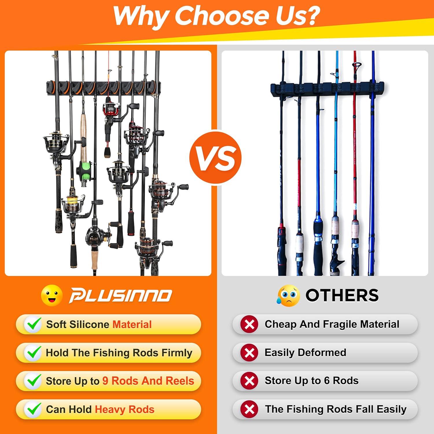 image:imagePLUSINNO Vertical Fishing Rod Holder Wall Mounted Fishing Rod Rack Fishing Pole Holder Holds Up to 9 Rods or Combos Fishing Rod Holders for Garage Fishing Gear and Gifts for MenOrange 2pack store 18 combos