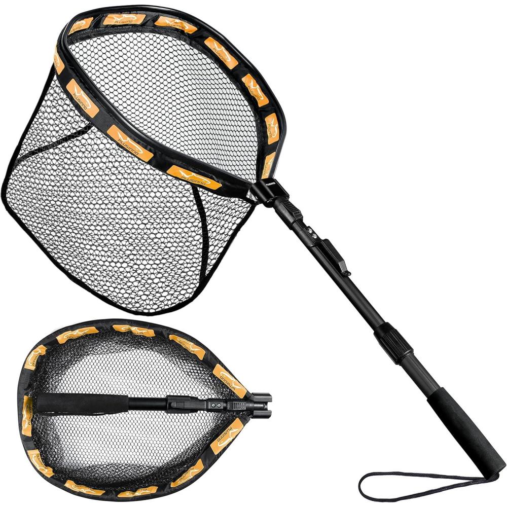image:imagePLUSINNO Fishing Net Fish Floating Landing Net Kayak Nets with Fixed Foldable Telescopic Pole Handle Bass Trout Fishing Nets with Nylon Mesh for Pond Lake River Fishing Gear Gifts for Men Anglers11830cm Hoop Size 10M OrangeExtendable