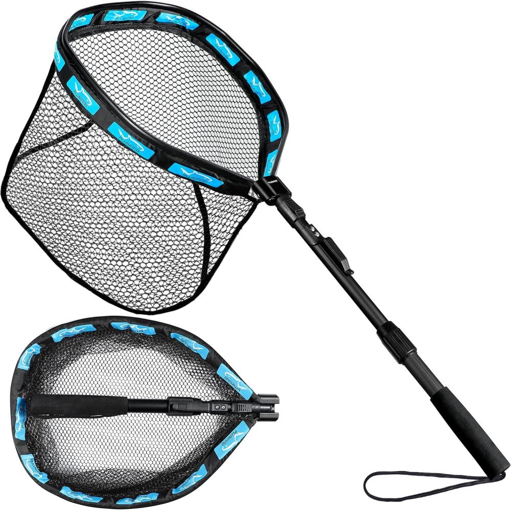 image:imagePLUSINNO Fishing Net Fish Floating Landing Net Kayak Nets with Fixed Foldable Telescopic Pole Handle Bass Trout Fishing Nets with Nylon Mesh for Pond Lake River Fishing Gear Gifts for Men Anglers11830cm Hoop Size 10M BlueExtendable