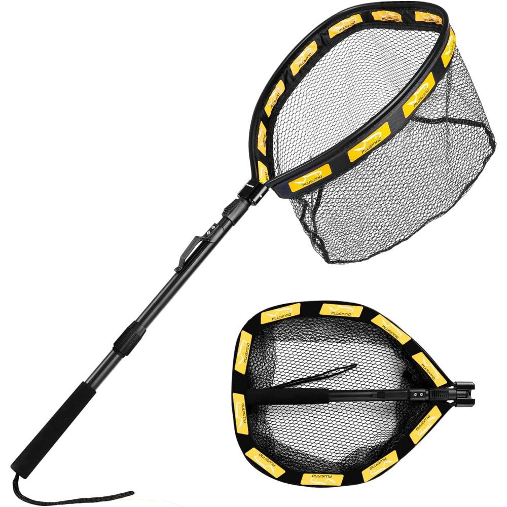 image:imagePLUSINNO Fishing Net Fish Floating Landing Net Kayak Nets with Fixed Foldable Telescopic Pole Handle Bass Trout Fishing Nets with Nylon Mesh for Pond Lake River Fishing Gear Gifts for Men Anglers19750cm Hoop Size 15M OrangeExtendable