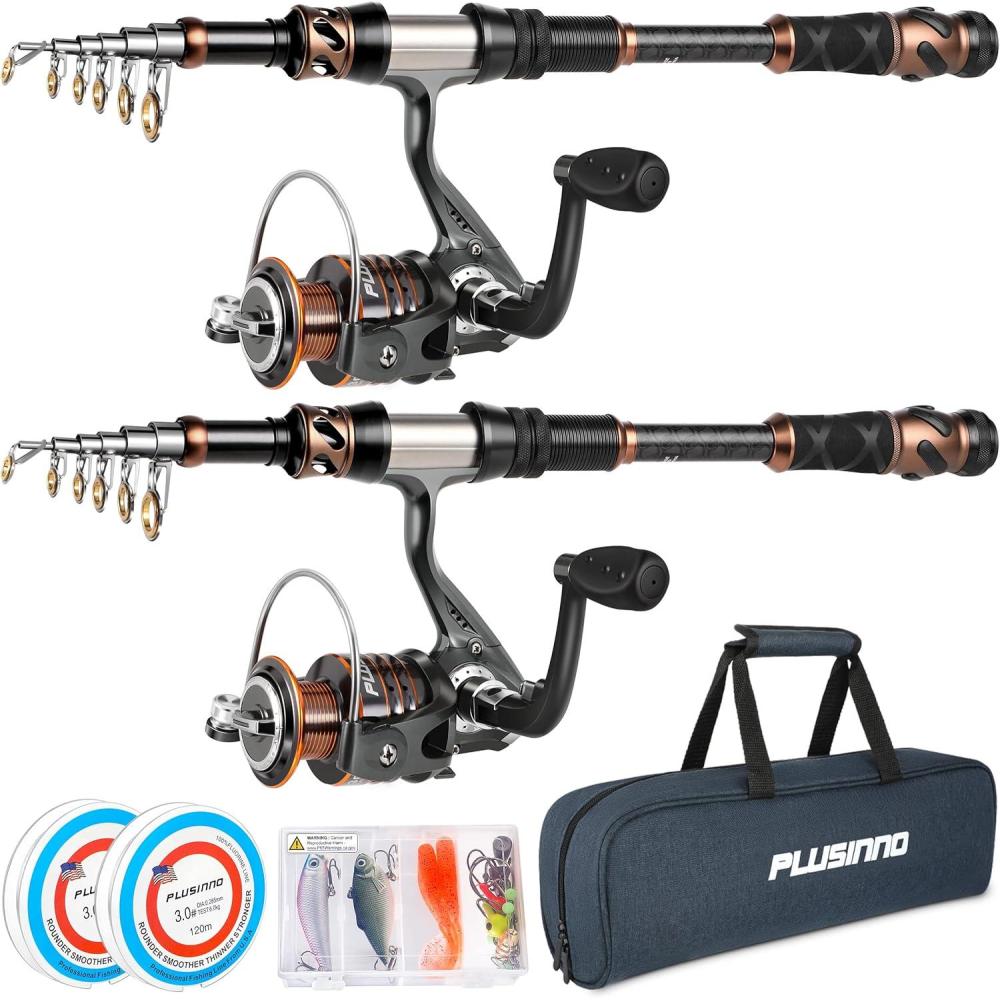 image:imagePLUSINNO Fishing Rod and Reel Combos Carbon Fiber Telescopic Fishing Pole Spinning Reel 12 1 Shielded Bearings Stainless Steel BB2PACK Full Kit with Carrier Case