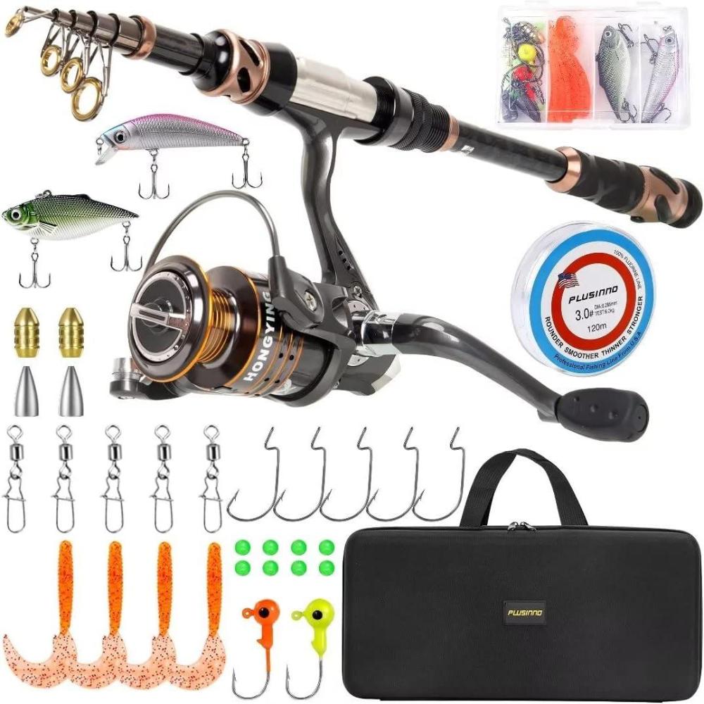 image:imagePLUSINNO Fishing Rod and Reel Combos Carbon Fiber Telescopic Fishing Pole Spinning Reel 12 1 Shielded Bearings Stainless Steel BBFull Kit with Carrier Case