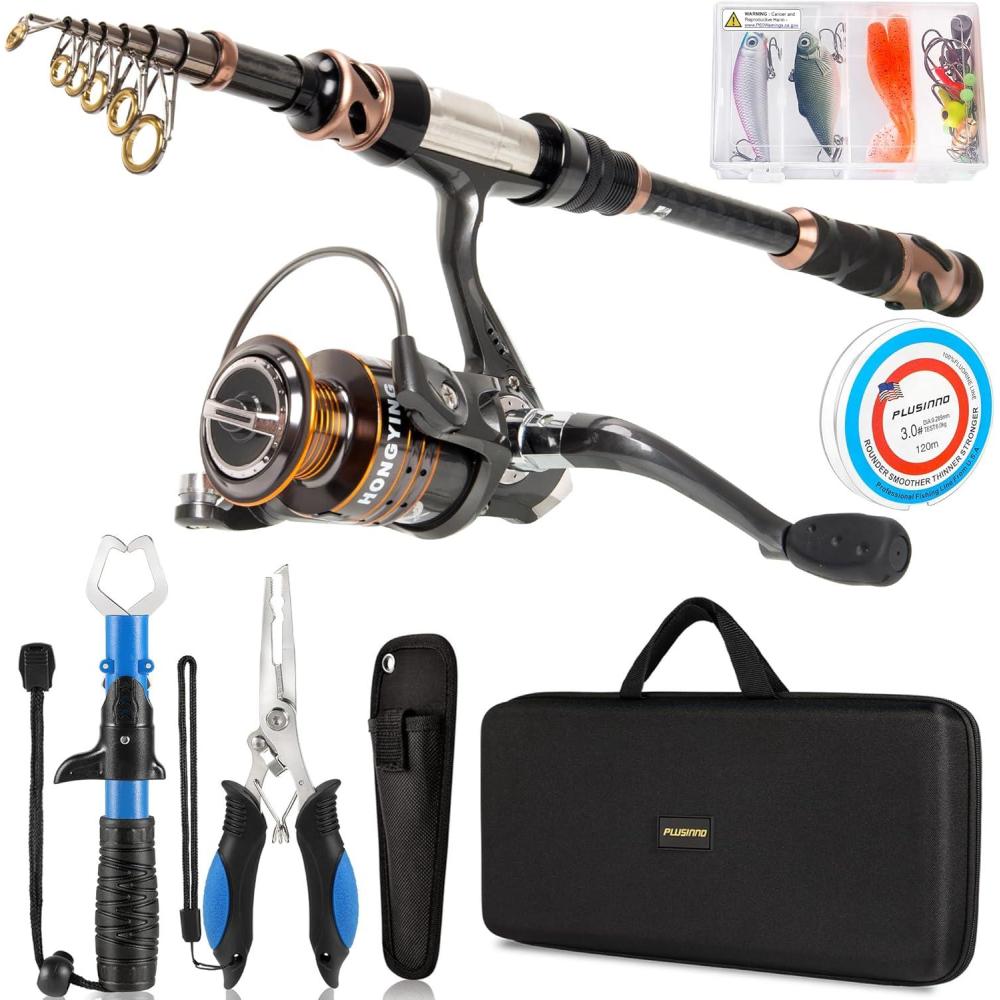 image:imagePLUSINNO Fishing Rod and Reel Combos Carbon Fiber Telescopic Fishing Pole Spinning Reel 12 1 Shielded Bearings Stainless Steel BBFull Kit with Fishing Tools