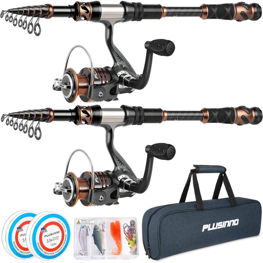 image:imagePLUSINNO Fishing Rod and Reel Combos Carbon Fiber Telescopic Fishing Pole Spinning Reel 12 1 Shielded Bearings Stainless Steel BBX2PACK Full Kit with Carrier Case