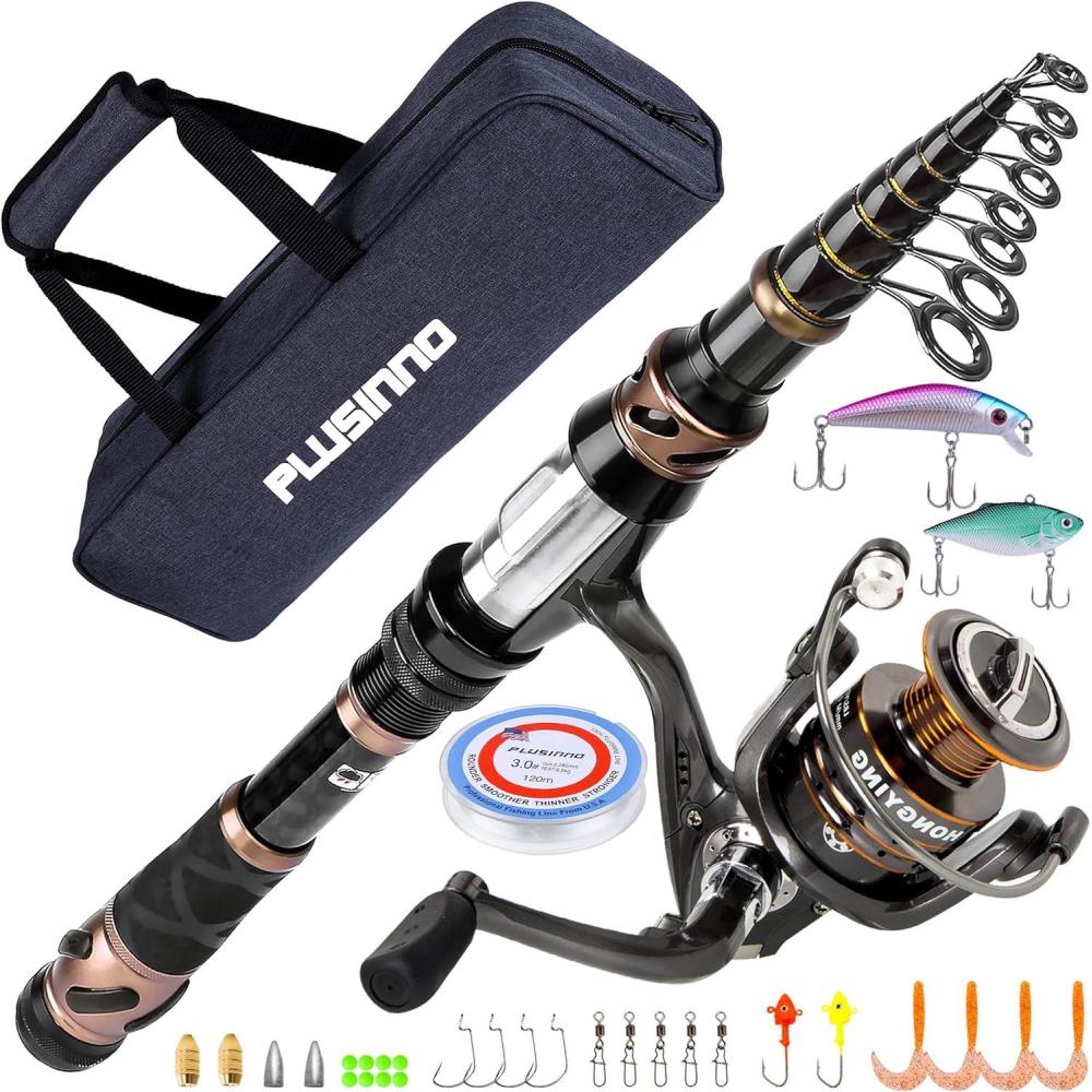 image:imagePLUSINNO Fishing Rod and Reel Combos Carbon Fiber Telescopic Fishing Pole Spinning Reel 12 1 Shielded Bearings Stainless Steel BBXFull Kit With Carrier Bag