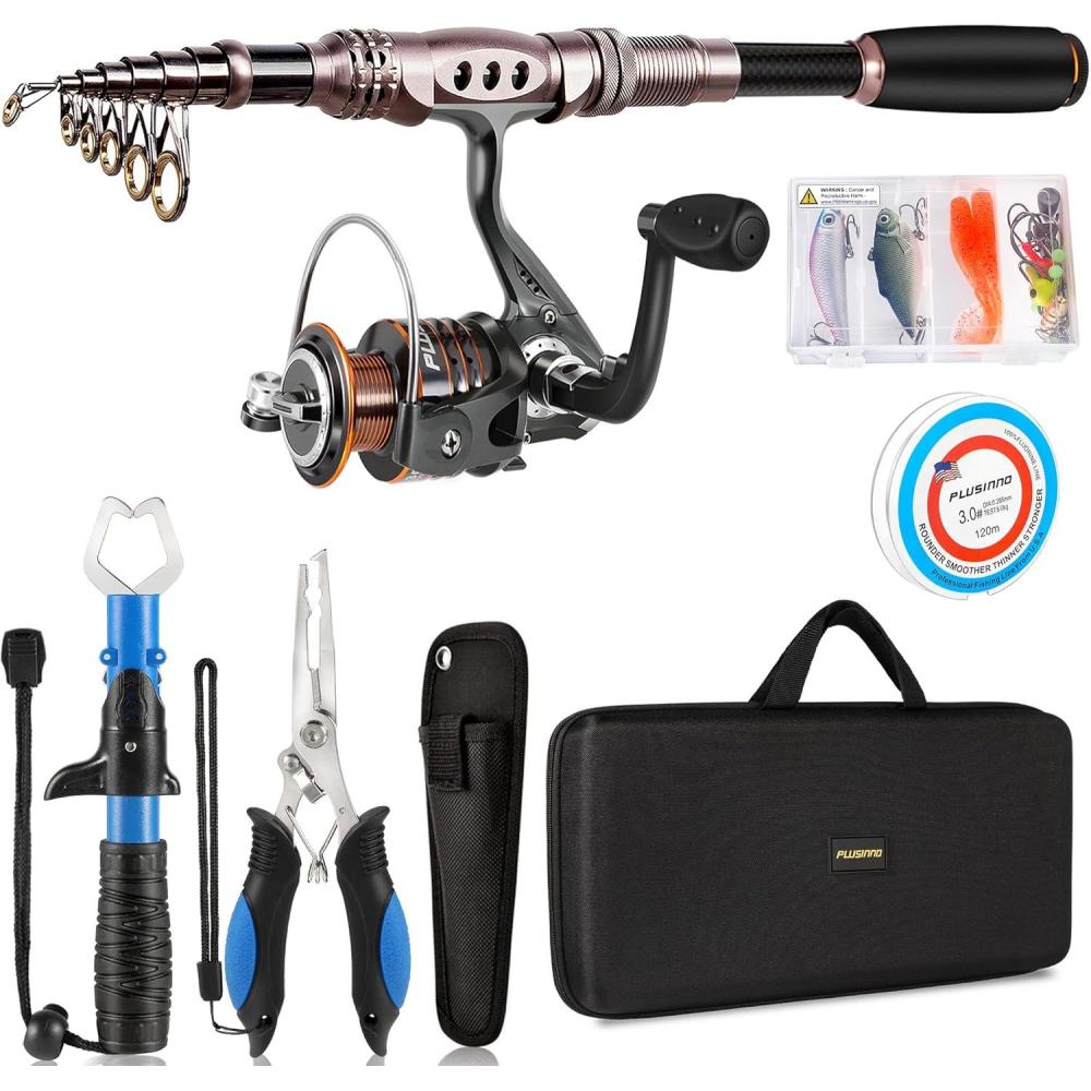 image:imagePLUSINNO Fishing Rod and Reel Combos Carbon Fiber Telescopic Fishing Pole with Reel Combo Sea Saltwater Freshwater Kit Fishing Rod KitFull Kit with Fishing Tools