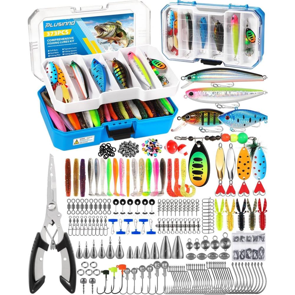 image:imagePLUSINNO Fishing Tackle Box with Tackle Included 373PCS Fishing Lures Kit with Removable Tray Fishing Gear with Pliers Weights Hooks Accessories Fishing Tackle Lure Kit Gifts for Men Bass TroutBlue 373 PCS Lures Box