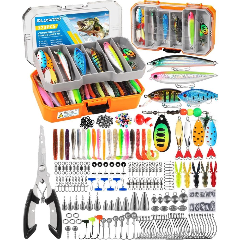 image:imagePLUSINNO Fishing Tackle Box with Tackle Included 373PCS Fishing Lures Kit with Removable Tray Fishing Gear with Pliers Weights Hooks Accessories Fishing Tackle Lure Kit Gifts for Men Bass TroutOrange 373 PCS Lures Box