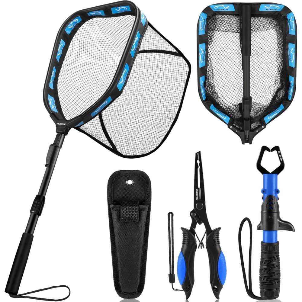 image:imagePLUSINNO Floating Fishing Net for Steelhead Salmon Fly Kayak Catfish Bass Trout Fishing Rubber Coated Foldable Landing Net with Fixed or Telescoping Pole Handle Fishing Gear and Gifts for Men11830cm Hoop Size 10M Blue Telescopic Pole With Accessory