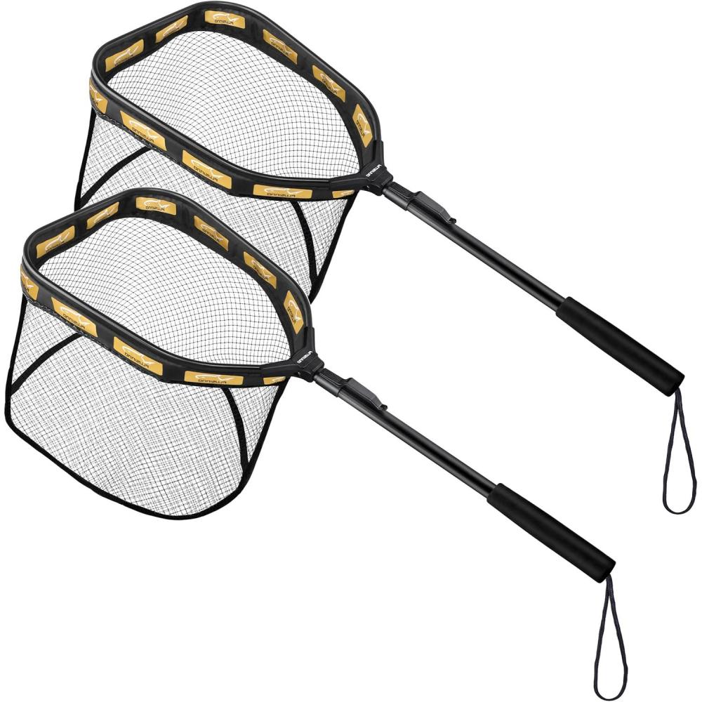 image:imagePLUSINNO Floating Fishing Net for Steelhead Salmon Fly Kayak Catfish Bass Trout Fishing Rubber Coated Foldable Landing Net with Fixed or Telescoping Pole Handle Fishing Gear and Gifts for Men2 Pack  08M Orange
