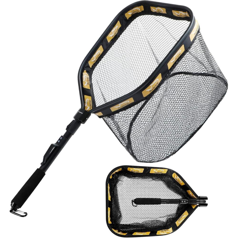 image:imagePLUSINNO Floating Fishing Net for Steelhead Salmon Fly Kayak Catfish Bass Trout Fishing Rubber Coated Foldable Landing Net with Fixed or Telescoping Pole Handle Fishing Gear and Gifts for Men11830cm Hoop Size Orange with Magnetic Release