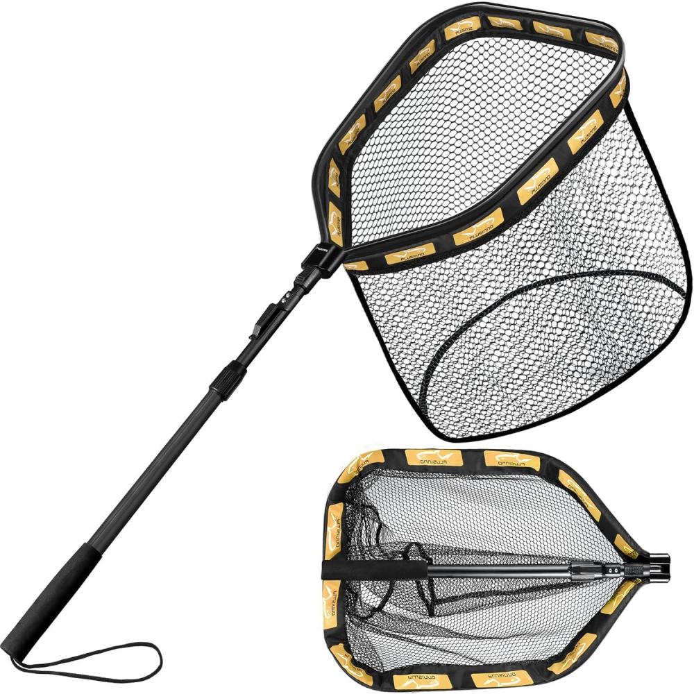 image:imagePLUSINNO Floating Fishing Net for Steelhead Salmon Fly Kayak Catfish Bass Trout Fishing Rubber Coated Foldable Landing Net with Fixed or Telescoping Pole Handle Fishing Gear and Gifts for Men19750cm Hoop Size length 15M Orange Telescopic Pole