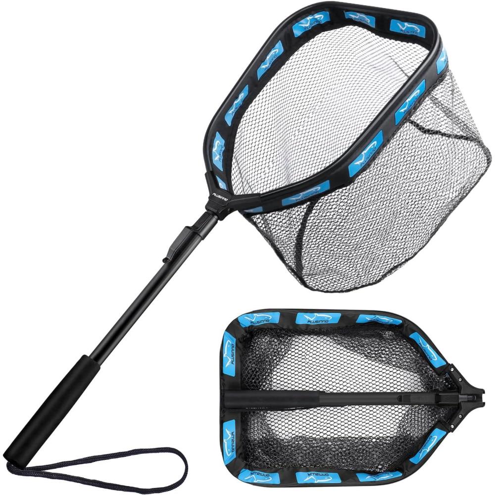 image:imagePLUSINNO Floating Fishing Net for Steelhead Salmon Fly Kayak Catfish Bass Trout Fishing Rubber Coated Foldable Landing Net with Fixed or Telescoping Pole Handle Fishing Gear and Gifts for Men11830cm Hoop Size 08M Blue Fixed Pole