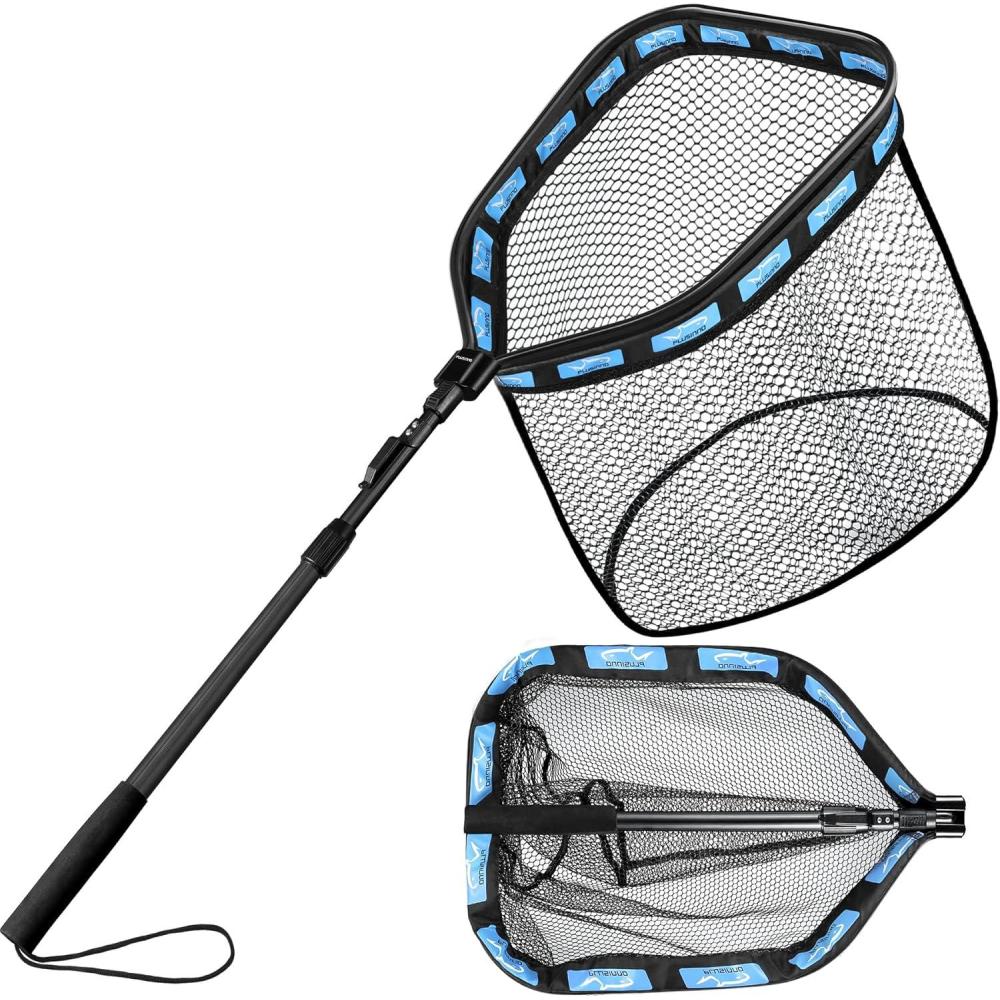 image:imagePLUSINNO Floating Fishing Net for Steelhead Salmon Fly Kayak Catfish Bass Trout Fishing Rubber Coated Foldable Landing Net with Fixed or Telescoping Pole Handle Fishing Gear and Gifts for Men19750cm Hoop Size length 15M Blue Telescopic Pole