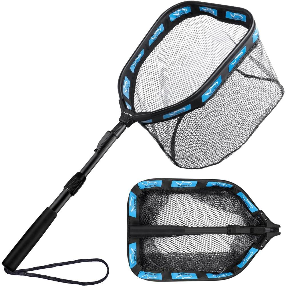 image:imagePLUSINNO Floating Fishing Net for Steelhead Salmon Fly Kayak Catfish Bass Trout Fishing Rubber Coated Foldable Landing Net with Fixed or Telescoping Pole Handle Fishing Gear and Gifts for Men11830cm Hoop Size 10M Blue Telescopic Pole