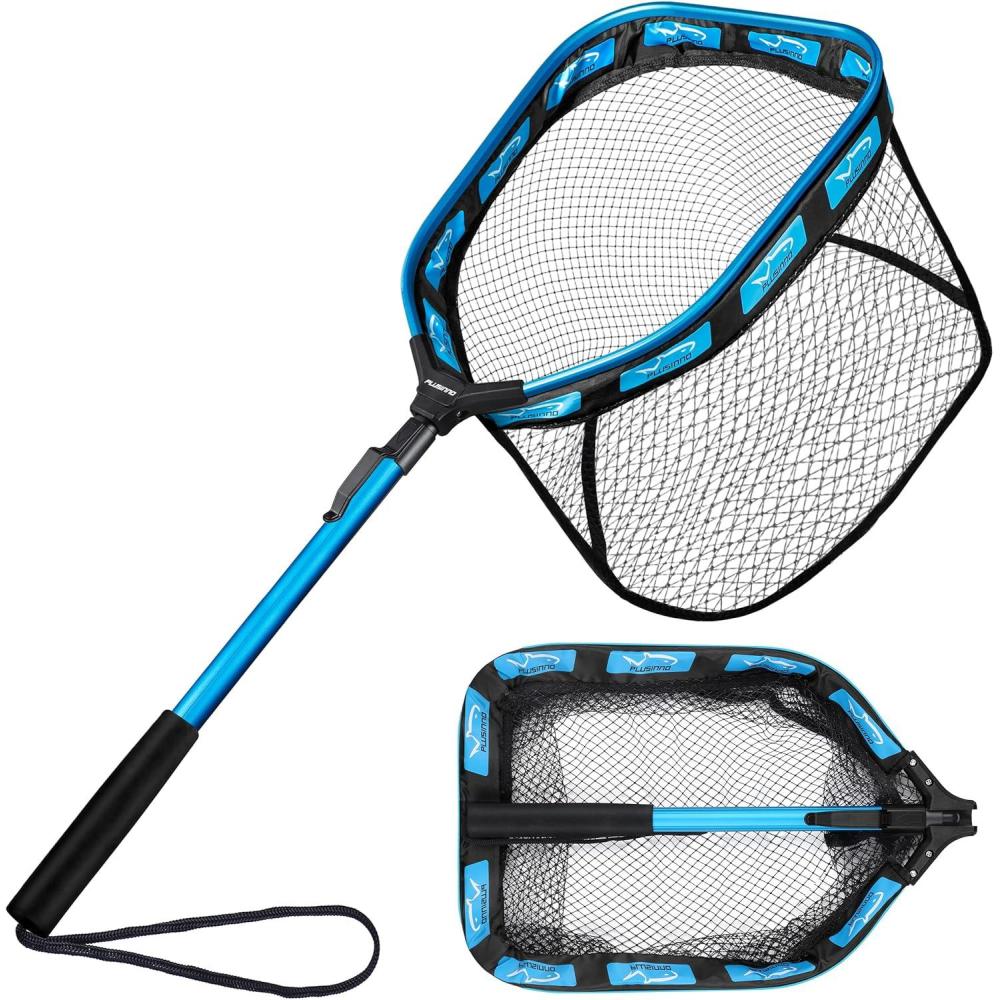 image:imagePLUSINNO Floating Fishing Net for Steelhead Salmon Fly Kayak Catfish Bass Trout Fishing Rubber Coated Foldable Landing Net with Fixed or Telescoping Pole Handle Fishing Gear and Gifts for Men11830cm Hoop Size 08M Blue Pole Fixed Pole