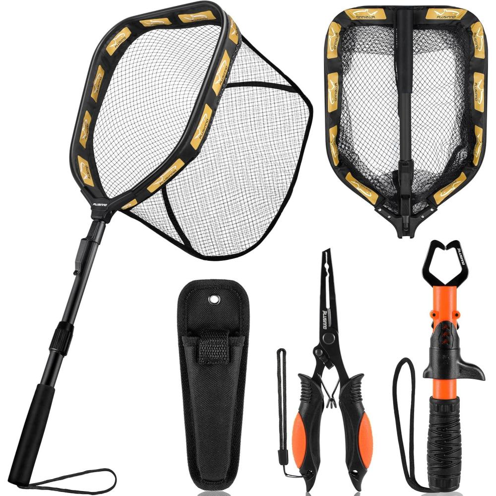 image:imagePLUSINNO Floating Fishing Net for Steelhead Salmon Fly Kayak Catfish Bass Trout Fishing Rubber Coated Foldable Landing Net with Fixed or Telescoping Pole Handle Fishing Gear and Gifts for Men11830cm Hoop Size 10M Orange Telescopic With Accessory