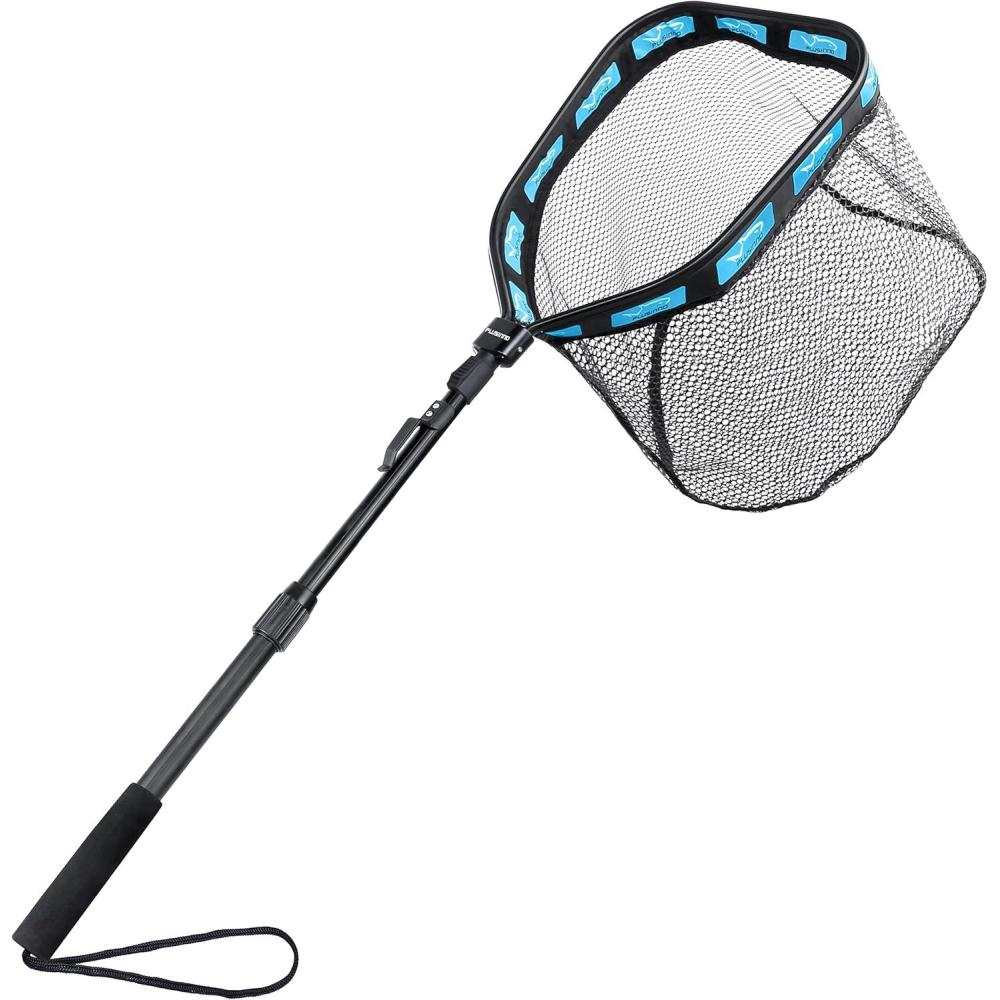 image:imagePLUSINNO Floating Fishing Net for Steelhead Salmon Fly Kayak Catfish Bass Trout Fishing Rubber Coated Foldable Landing Net with Fixed or Telescoping Pole Handle Fishing Gear and Gifts for Men19750cm Hoop Size length 135M Blue Telescopic Pole