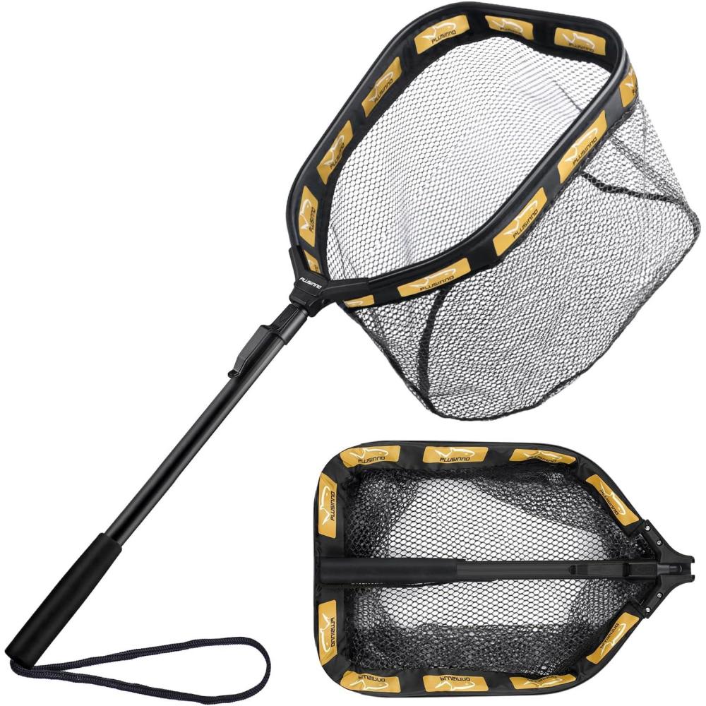 image:imagePLUSINNO Floating Fishing Net for Steelhead Salmon Fly Kayak Catfish Bass Trout Fishing Rubber Coated Foldable Landing Net with Fixed or Telescoping Pole Handle Fishing Gear and Gifts for Men11830cm Hoop Size Orange Fixed Pole