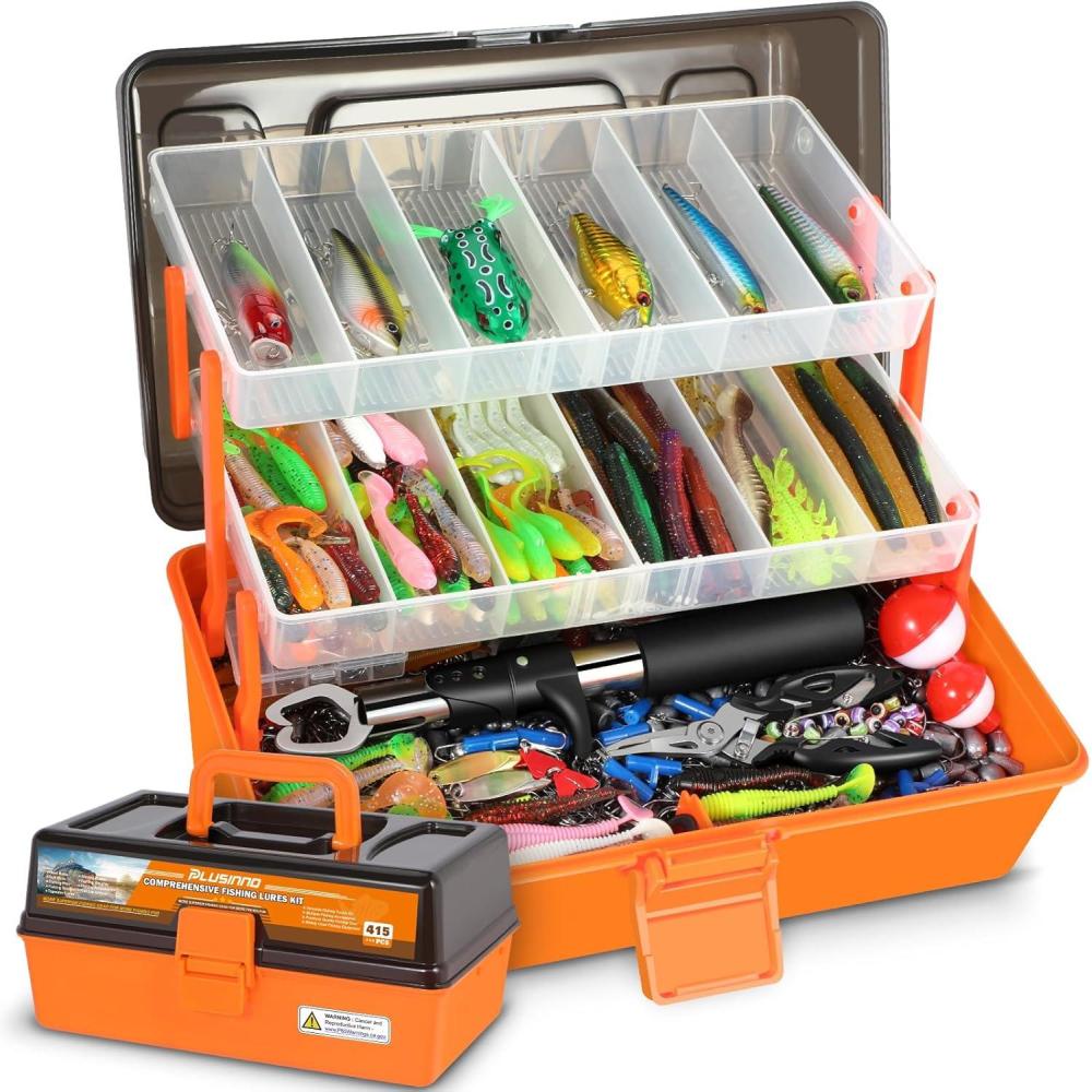 image:imagePLUSINNO Large 3 Layers Fishing Tackle Box with Tackle Included 415Pcs Fishing Lures Kit Contains Pliers Crankbait Hooks Weights amp Accessories Fishing Gear Gifts for Men Starter Kits Bass Trout