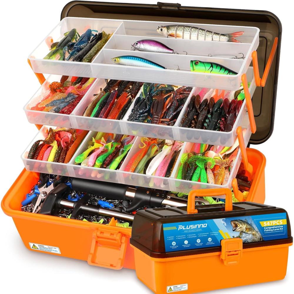 image:imagePLUSINNO Large 4Layer Tackle Box with Tackle Included 547Pcs Fishing Lures Kit Pliers Crankbait Hooks Weights amp Accessories Freshwater Bass Fishing Bait Lure Gear and Equipment Gift for Men