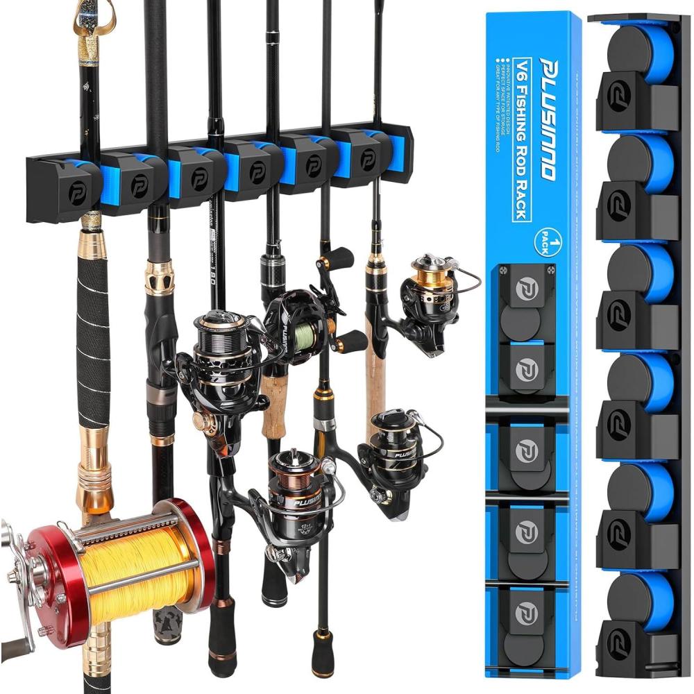 image:imagePLUSINNO Vertical Fishing Rod Holder Wall Mounted Fishing Rod Rack Fishing Pole Holder Holds Up to 9 Rods or Combos Fishing Rod Holders for Garage Fishing Gear and Gifts for MenUpgraded 1pack Support Heavy rod combos