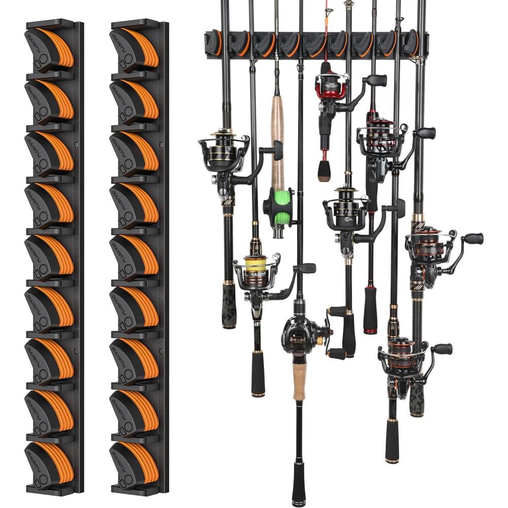 image:imagePLUSINNO Vertical Fishing Rod Holder Wall Mounted Fishing Rod Rack Fishing Pole Holder Holds Up to 9 Rods or Combos Fishing Rod Holders for Garage Fishing Gear and Gifts for MenOrange 2pack store 18 combos