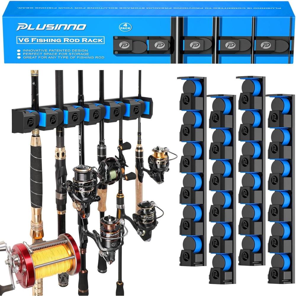 image:imagePLUSINNO Vertical Fishing Rod Holder Wall Mounted Fishing Rod Rack Fishing Pole Holder Holds Up to 9 Rods or Combos Fishing Rod Holders for Garage Fishing Gear and Gifts for MenUpgraded 4pack Support Heavy rod combos