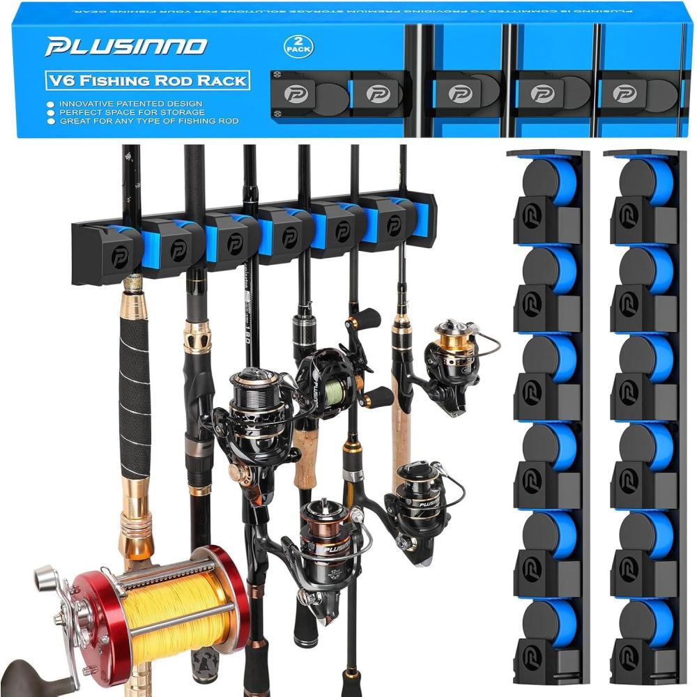 image:imagePLUSINNO Vertical Fishing Rod Holder Wall Mounted Fishing Rod Rack Fishing Pole Holder Holds Up to 9 Rods or Combos Fishing Rod Holders for Garage Fishing Gear and Gifts for MenUpgraded 2pack Support Heavy rod combos
