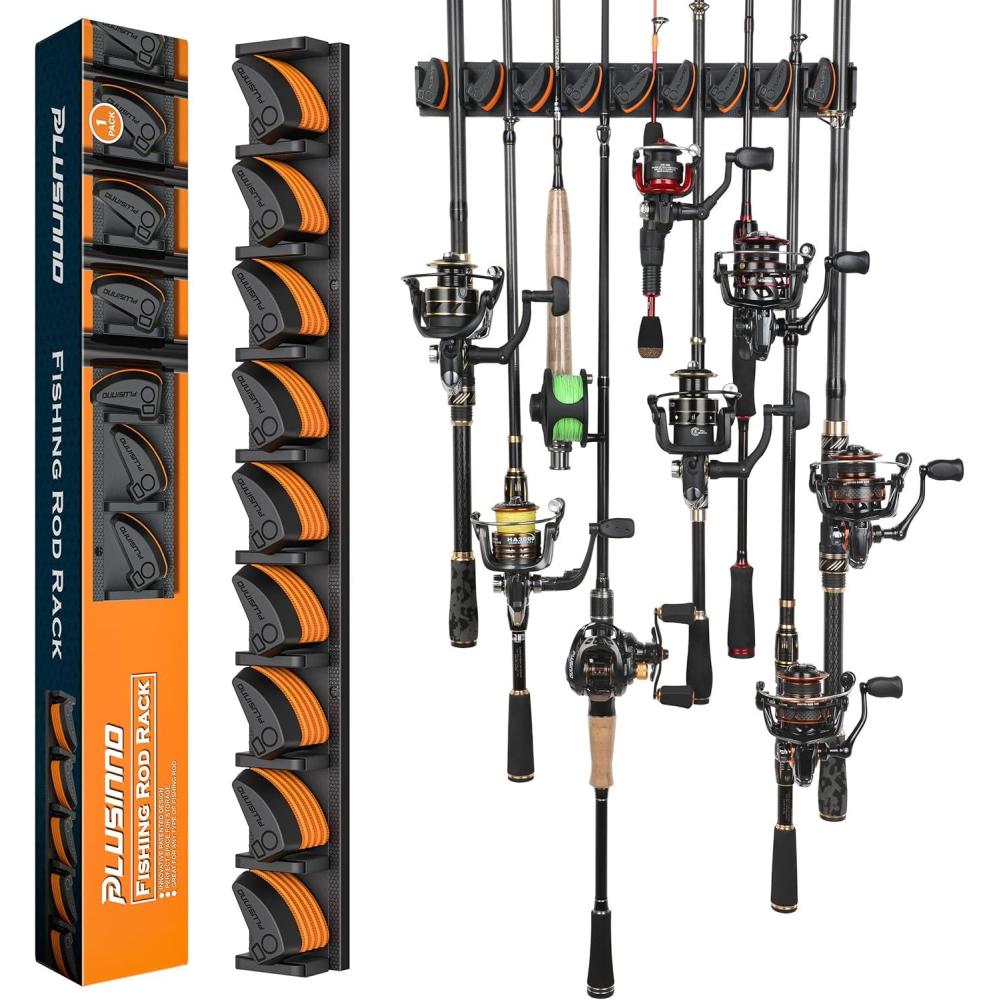 image:imagePLUSINNO Vertical Fishing Rod Holder Wall Mounted Fishing Rod Rack Fishing Pole Holder Holds Up to 9 Rods or Combos Fishing Rod Holders for Garage Fishing Gear and Gifts for MenOrange 1pack store 9 combos