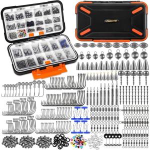 PLUSINNO 264/397pcs Fishing Accessories Kit, Organized Fishing Tackle Box with Tackle Included, Fishing Hooks, Fishing Weights Sinkers, Swivels, Beads, Fishing Gear Set Equipment for Bass Trout(397pcs Fishing Accessories Kit)
