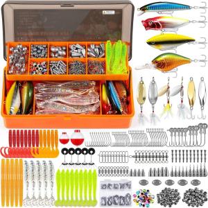 PLUSINNO 353/404 PCS Fishing Lures, Upgrade Fishing Tackle Box with Tackle Included, Crankbaits, Hooks, Weights, Other Accessories, Fishing Lure Bait Gear Equipment Kit Gift for Men Freshwater Bass(353 Pcs Fishing Tackle Kit)