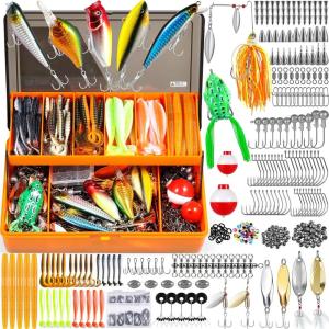 PLUSINNO 353/404 PCS Fishing Lures, Upgrade Fishing Tackle Box with Tackle Included, Crankbaits, Hooks, Weights, Other Accessories, Fishing Lure Bait Gear Equipment Kit Gift for Men Freshwater Bass(404 Pcs Fishing Tackle Kit)