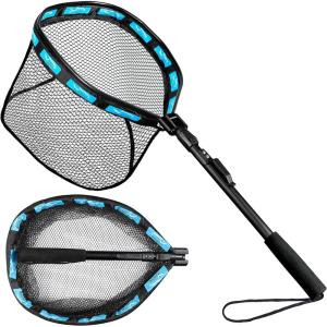 PLUSINNO Fishing Net Fish Floating Landing Net, Kayak Nets with Fixed Foldable Telescopic Pole Handle, Bass Trout Fishing Nets with Nylon Mesh for Pond Lake River, Fishing Gear Gifts for Men Anglers(11.8″/30cm Hoop Size 0.8M Blue(Not Extendable))