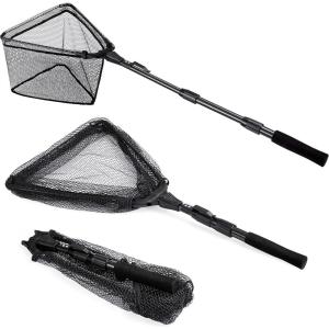 PLUSINNO Fishing Net Fish Floating Landing Net, Kayak Nets with Fixed Foldable Telescopic Pole Handle, Bass Trout Fishing Nets with Nylon Mesh for Pond Lake River, Fishing Gear Gifts for Men Anglers(16.2/41cm Hoop Size (Telescopic Pole))