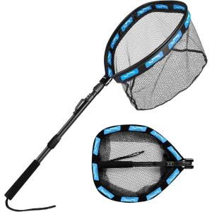PLUSINNO Fishing Net Fish Floating Landing Net, Kayak Nets with Fixed Foldable Telescopic Pole Handle, Bass Trout Fishing Nets with Nylon Mesh for Pond Lake River, Fishing Gear Gifts for Men Anglers(19.7″/50cm Hoop Size 1.5M Blue(Extendable))