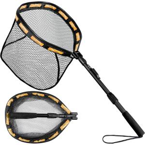 PLUSINNO Fishing Net Fish Floating Landing Net, Kayak Nets with Fixed Foldable Telescopic Pole Handle, Bass Trout Fishing Nets with Nylon Mesh for Pond Lake River, Fishing Gear Gifts for Men Anglers(11.8″/30cm Hoop Size 1.0M Orange(Extendable))