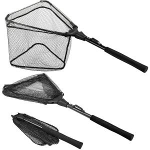 PLUSINNO Fishing Net Fish Floating Landing Net, Kayak Nets with Fixed Foldable Telescopic Pole Handle, Bass Trout Fishing Nets with Nylon Mesh for Pond Lake River, Fishing Gear Gifts for Men Anglers(11.8″/30cm Hoop Size 0.8M Black(Not Extendable))